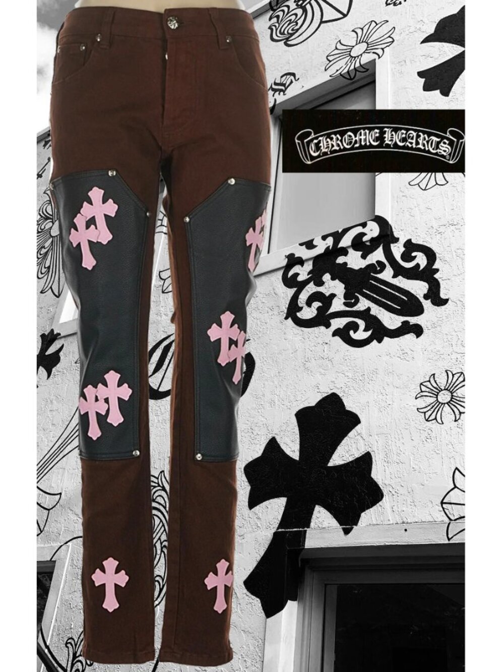 💥DOPE!💥VTG Chrome Hearts 100% Lamb Leather Panels Cross Patch Jeans in Brown